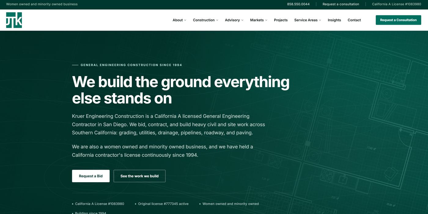 The jtkruerco.com homepage after the redesign, shown at desktop width