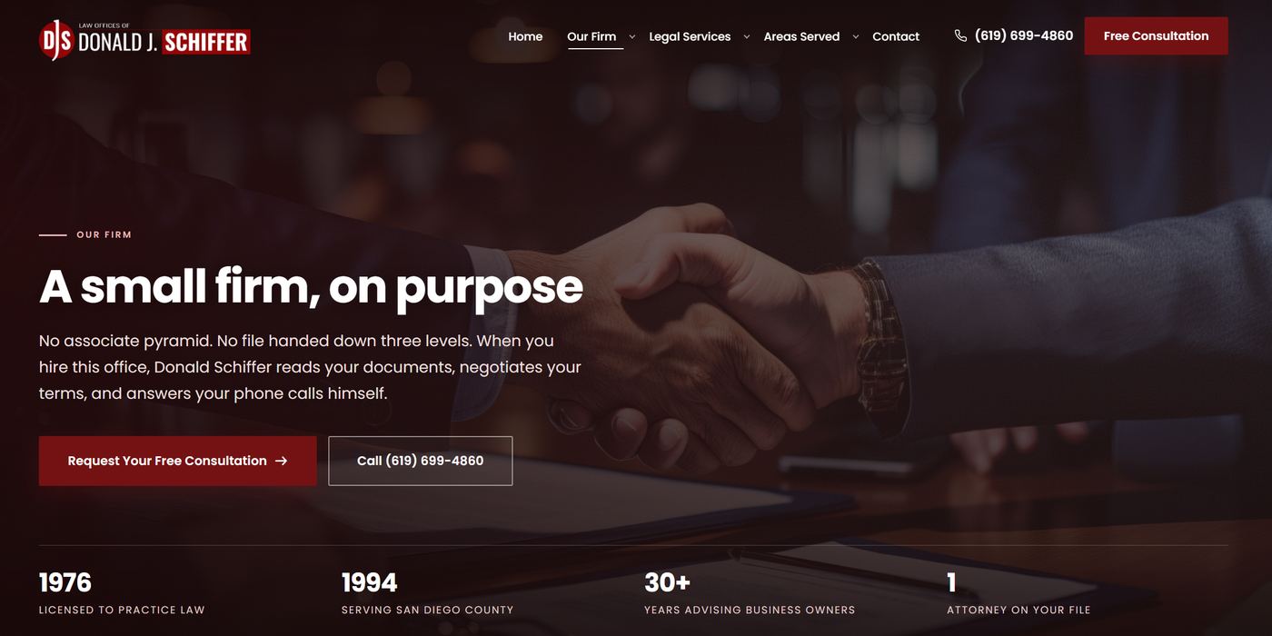 The schifferlaw.com homepage after the redesign, shown at desktop width